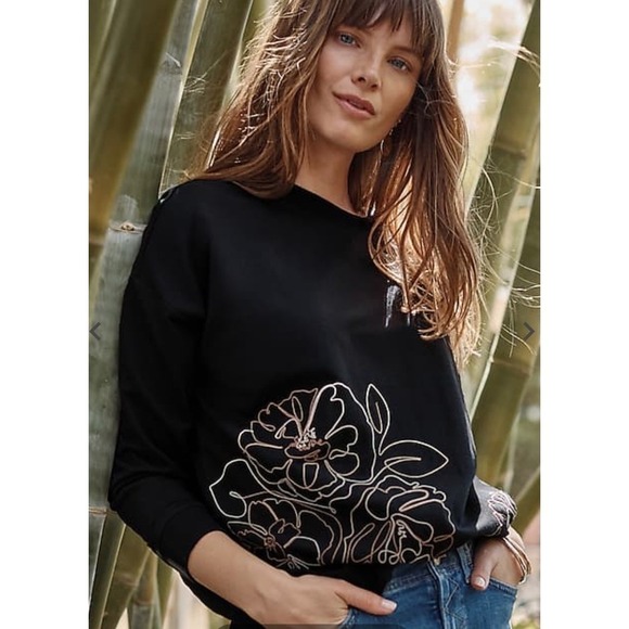 JJill Black Embroidered Floral Crewneck Sweatshirt Women's S Petite - Picture 4 of 7